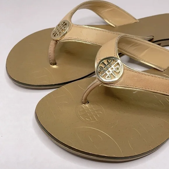 Fashion Gold leather Flip Flop Sandals Sz 9 - Picture 5 of 8